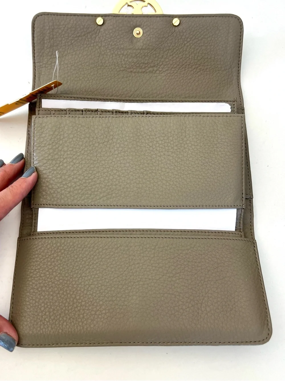 TORY BURCH Amanda Checkbook Khaki Pebbled leather Gold-tone Logo Wallet NWT